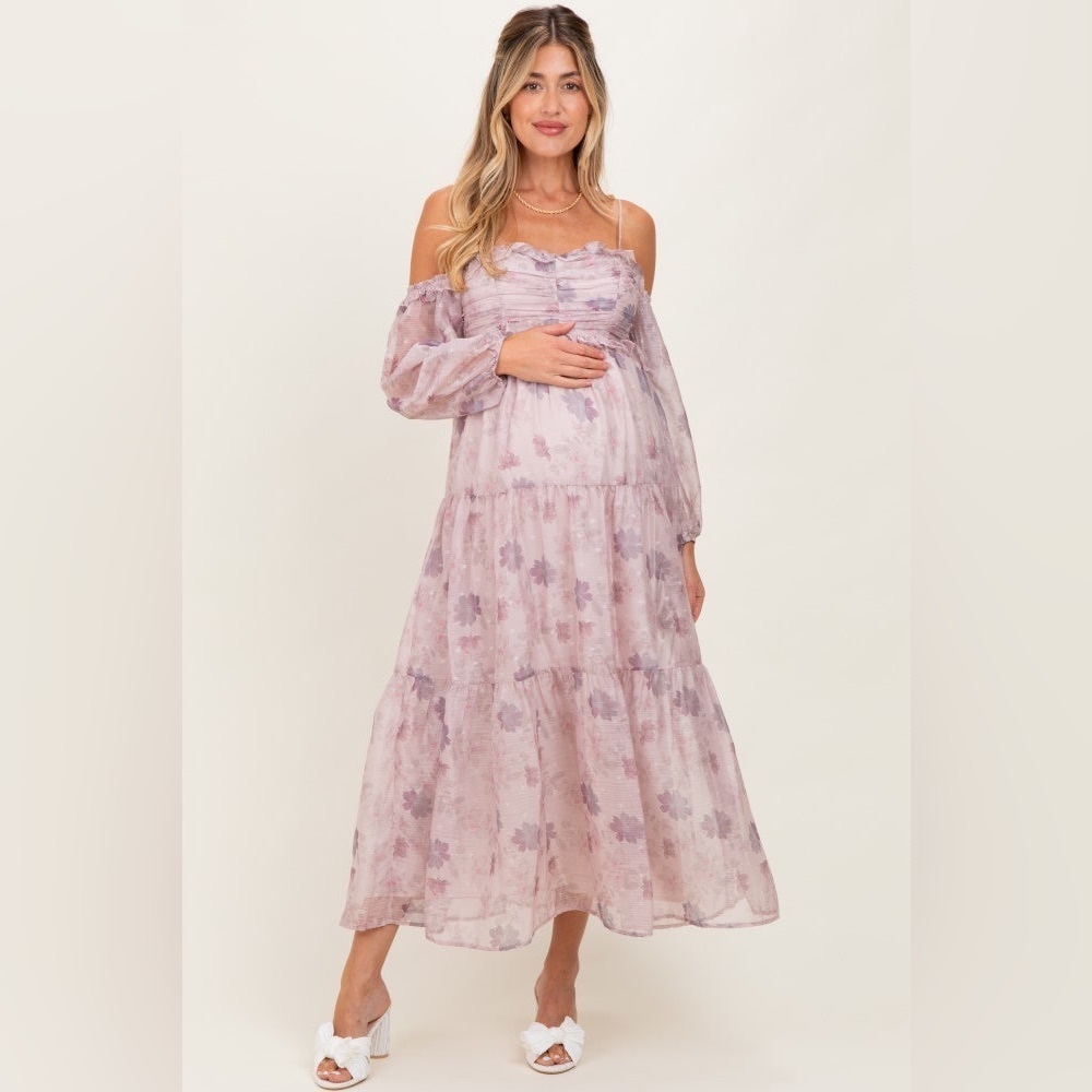 Storia Light Pink Floral Off Shoulder Long Sleeve Tiered Maxi Dress Medium girly - Picture 2 of 14